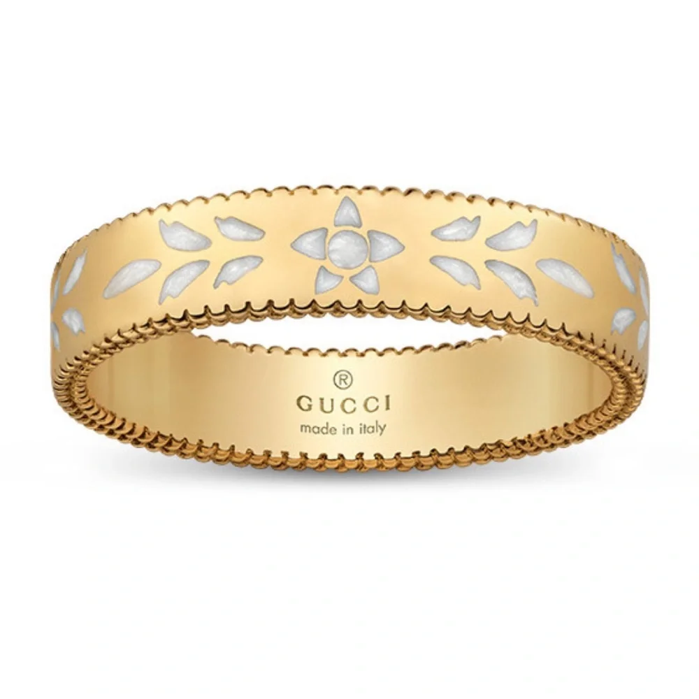 NWT GUCCI 18K Yellow Gold and White Enamel Icon Blooms Ring size 8 - Picture 1 of 13